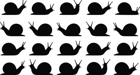Black snail silhouette icons set, garden mollusk moving slowly, nature wildlife animal vector illustration © VectoVerse