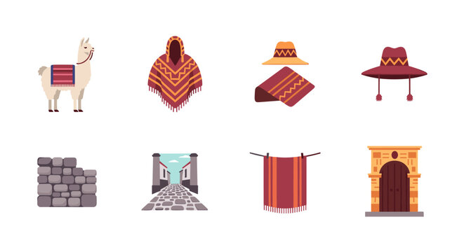 Traditional peruvian elements set with llama, poncho, and historic architecture