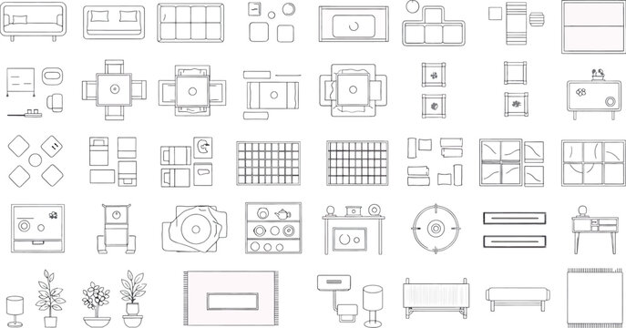 Collection of architectural and engineering technical drawings isolated on transparent background