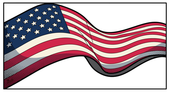 Waving american flag in retro comic style with halftone shadow effect