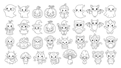 Obraz premium Kawaii halloween coloring book icons with cute ghosts and pumpkins vectorKawaii halloween coloring book icons with cute ghosts and pumpkins vector
