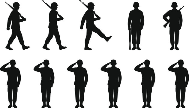 Soldier silhouette vector set, military infantry figures saluting and marching, army veteran icon collection