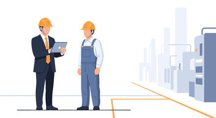 Fototapeta premium Industrial collaboration: engineer and worker discuss factory operations in a modern setting