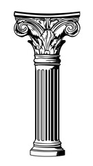 Obraz premium Detailed black and white vector illustration of classical Corinthian Roman column with ornate acanthus leaves and fluted shaft in minimalist outline style