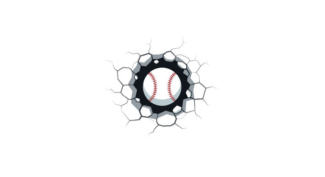 Baseball breaking through a cracked wall in minimalist style