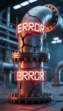 Industrial metal pipe with red error text display and cracks
