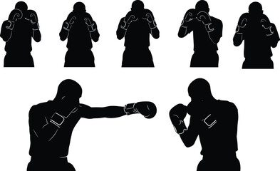 Boxer silhouette collection with fighting stances, defensive posture, punching technique, martial arts, sports training, competition, fitness, strength, discipline © Hafeza