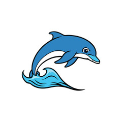 Fototapeta premium Cute cartoon blue dolphin jumping from ocean water in playful pose