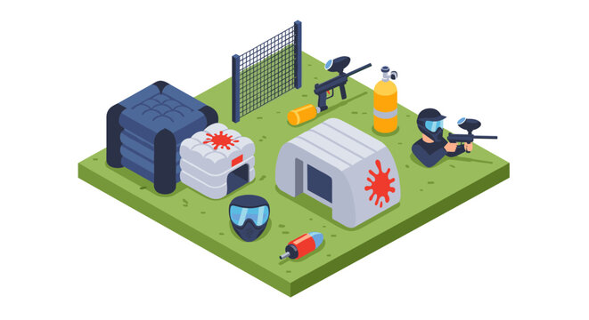 Isometric paintball field scene with players and equipment on grass platform