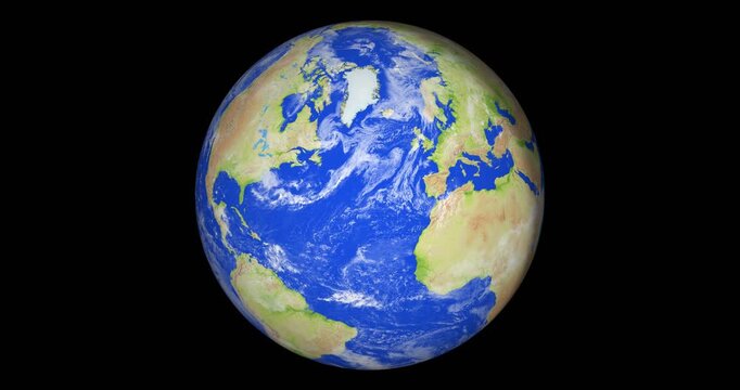 View from Space to the Rotating Earth Globe. Light clouds cover parts of the earth. Terrain derived from a digital elevation model.