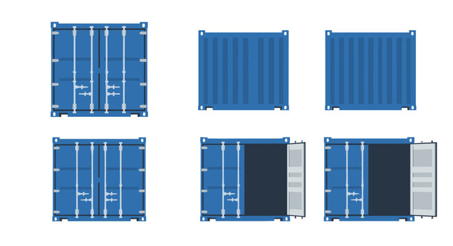 Set of blue shipping containers with open and closed doors in flat design