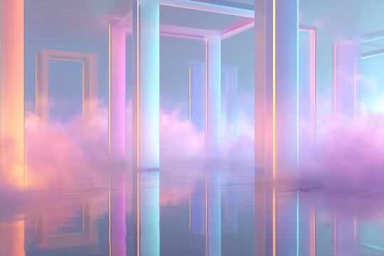Hypnotic Dreamcore Space with Soft Glowing Neon Bands and Diffused Mist, Ultra-Detailed 4K