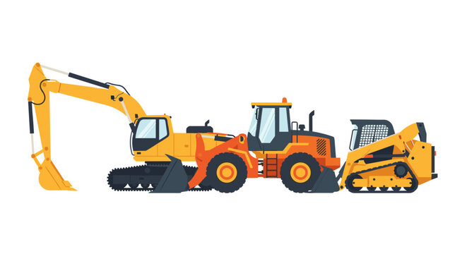 Heavy construction equipment lineup: excavator, bulldozer, and skid steer loader in flat design