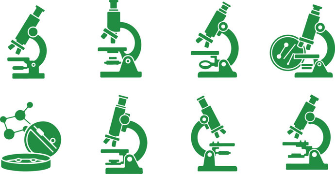 Collection of various scientific microscopes and laboratory tools icons isolated on transparent background