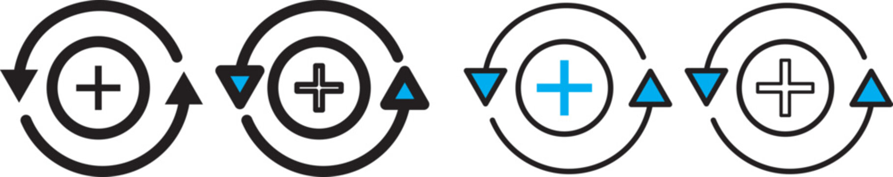 Health recovery icon set. Medical plus signs with upward arrow sign. Medical and Healthcare Symbols. refresh symbol