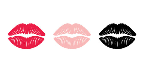 Three pairs of colorful lips in different shades isolated on white background