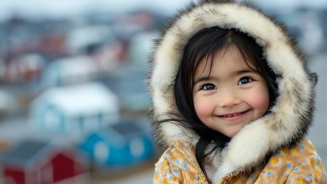 Little cute smiling Greenlandic child in traditional fur clothing, seal anorak with hood, on blurred background of Greenland landscape, copyspace, Inuit, Eskimo, Alaska, northern people, diversity