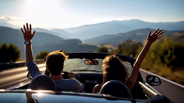 Lovely couple romantic moment. Valentines Day. Two people in a convertible car, their hands raised, driving on a road surrounded by trees and mountains under a clear sky illuminated by the sun.
