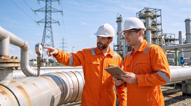 Two industrial engineers inspecting pressure gauge at chemical plant. Workers in orange safety gear using tablet