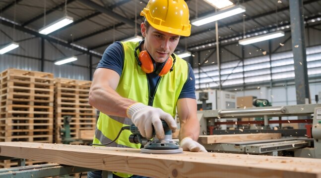 Carpenter sanding wooden plank in industrial workshop. Woodworker using electric sander with safety gear