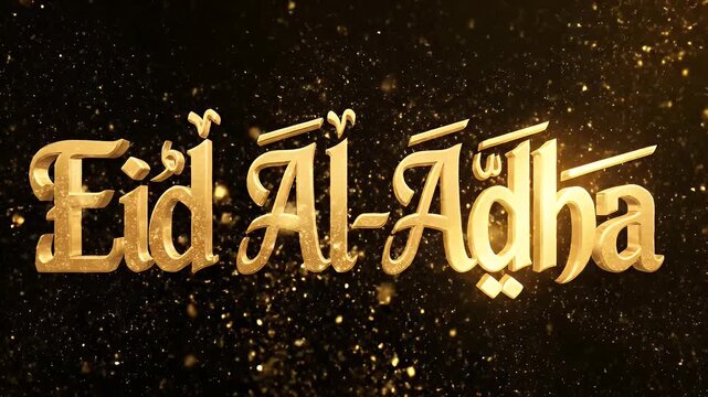 Golden Eid Al-Adha text with glitter on dark background