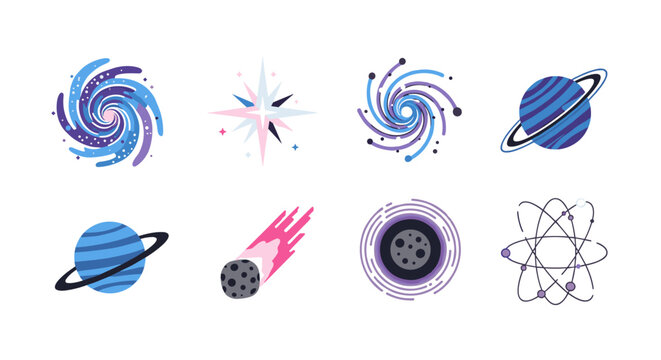 Colorful cosmic elements: stars, planets, and atoms in modern design