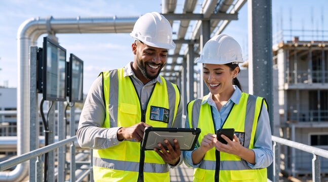 Male and female engineers using tablet and smartphone at industrial plant. Workers in safety vests and hard hats on site. Digital technology in manufacturing and energy industry