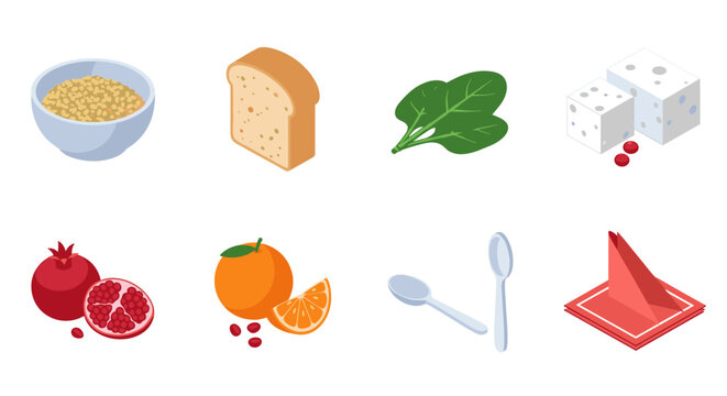 Assorted isometric food and utensil icons collection: bread, fruit, spinach, and more