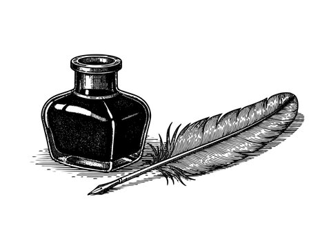 Vintage Ink Bottle And Quill Engraving Illustration