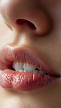 Vertical video: Breathing female lower face opening, closing lips in studio closeup showing teeth