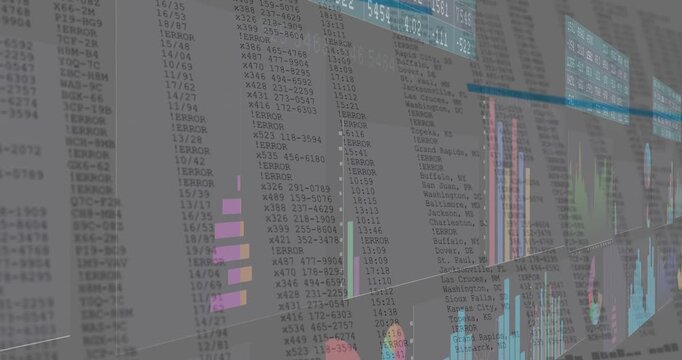 Camera panning right, revealing data wall with bars, columns and teal marker scanning for analytics