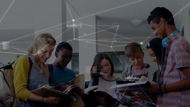 Education students comparing notes for class after student raising folder, network overlay drifting