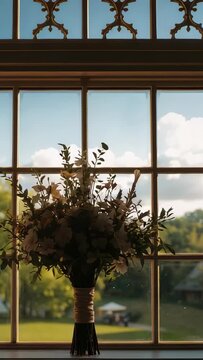 Vertical video: Sitting tied bouquet on sill, sunlight shifting, dust motes drifting past transom