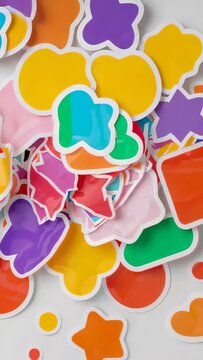 Vertical video: Shifting diecut stickers settling inward on white surface, revealing orange star