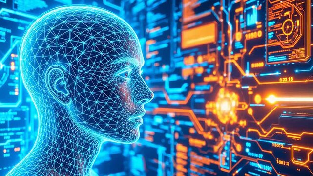 Human head in digital wireframe with circuit background