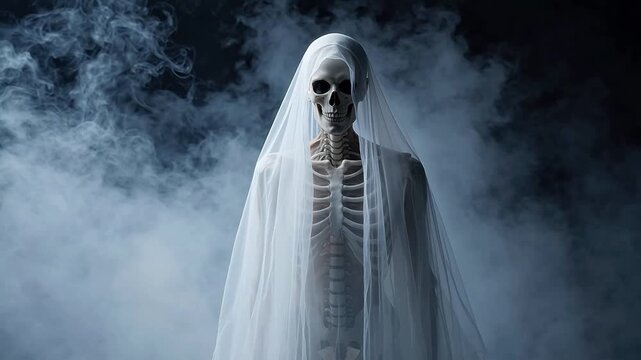 Skeleton in white veil with smoke