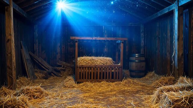 Wooden barn with hay and starry sky
