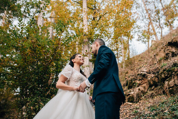 Naklejka premium Portrait of beautiful bride and an elegant groom in nature, surrounded by a forest.