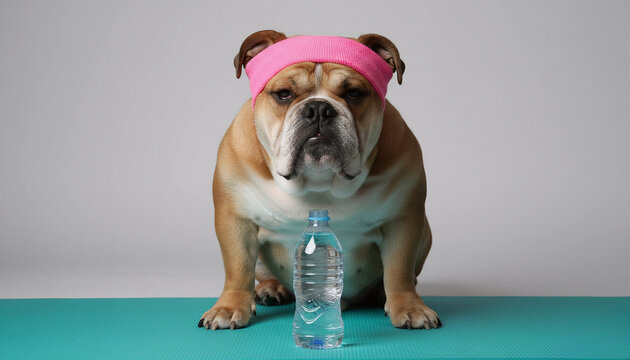 Humorous English bulldog with pink headband sitting on yoga mat with water bottle looking tired