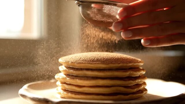Delicious Stack of Pancakes Being Dusted with Powdered Sugar or Cinnamon