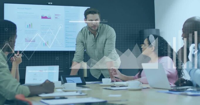 Presenter gesturing at screen, syncing line and bar charts and world map illustrating annual report