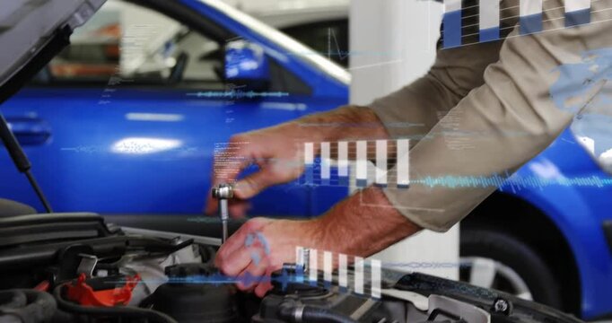 Hands entering frame, tech using ratchet, view widening with overlays, repairing engine