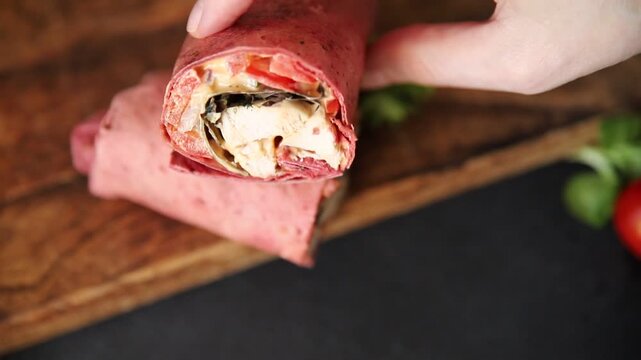 Shawarma wrap chicken and vegetables pink lavash doner kebab tasty snack fresh gourmet food background on the table rustic food top view copy space dark background marketing concept photo