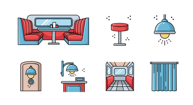 Retro diner interior elements with booth, stool, and curtains in modern linear style