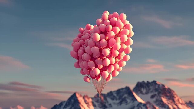 Romantic love theme for Valentines Day. A heartshaped arrangement of pink balloons floating against a backdrop of snowcapped mountains at sunset. The sky is painted with a mix of vibrant oranges.