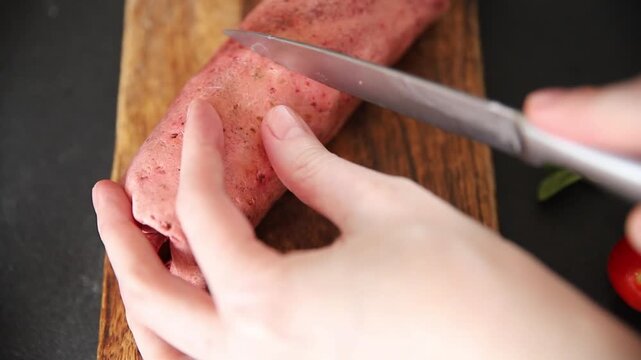 Shawarma wrap chicken and vegetables pink lavash doner kebab tasty snack fresh gourmet food background on the table rustic food top view copy space dark background marketing concept photo
