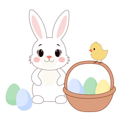 Cute Easter Bunny and Chick Character Isolated on Transparent. Cartoon Rabbit Mascot. Spring Easter Holiday Traditional Talisman Icon. Funny Tiny Happy Whimsical Bunny Animal Easter Card Invitation