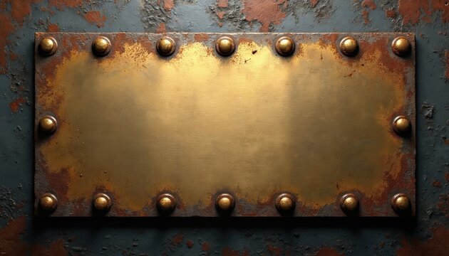 Rectangular blank brass plate with golden rivets is fixed on weathered rusty dark metal surface. Aged industrial background provides space for text. Metallic textured backdrop.
