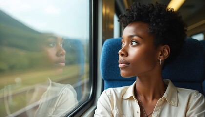 Fototapeta premium Young Black woman looks out train window. Reflection shows landscape passing by. She appears pensive and calm, lost in thought while traveling.