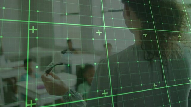 Teacher raising eyeglass frames, teaching student focus while green HUD grid crossing teacher frame